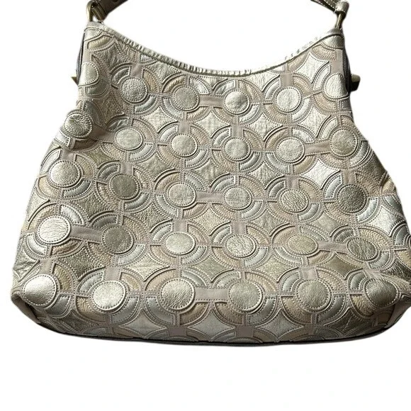 Coach Kristen Hobo Op Art Silver Gold Shoulder Bag Patchwork Beige Leather Purs - Picture 2 of 16
